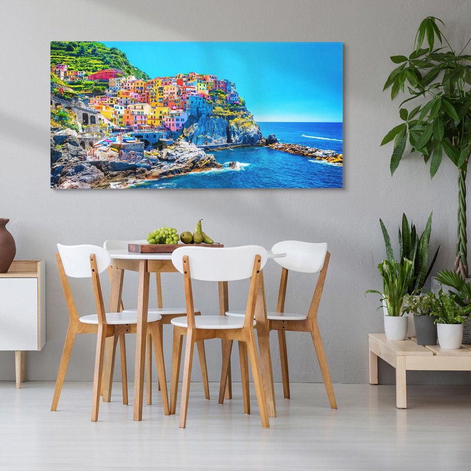 Obraz na płótnie 100x50 - Barwne Wybrzeże - nadmorskie miasto na klifie, kolorowe tęczowe budynki