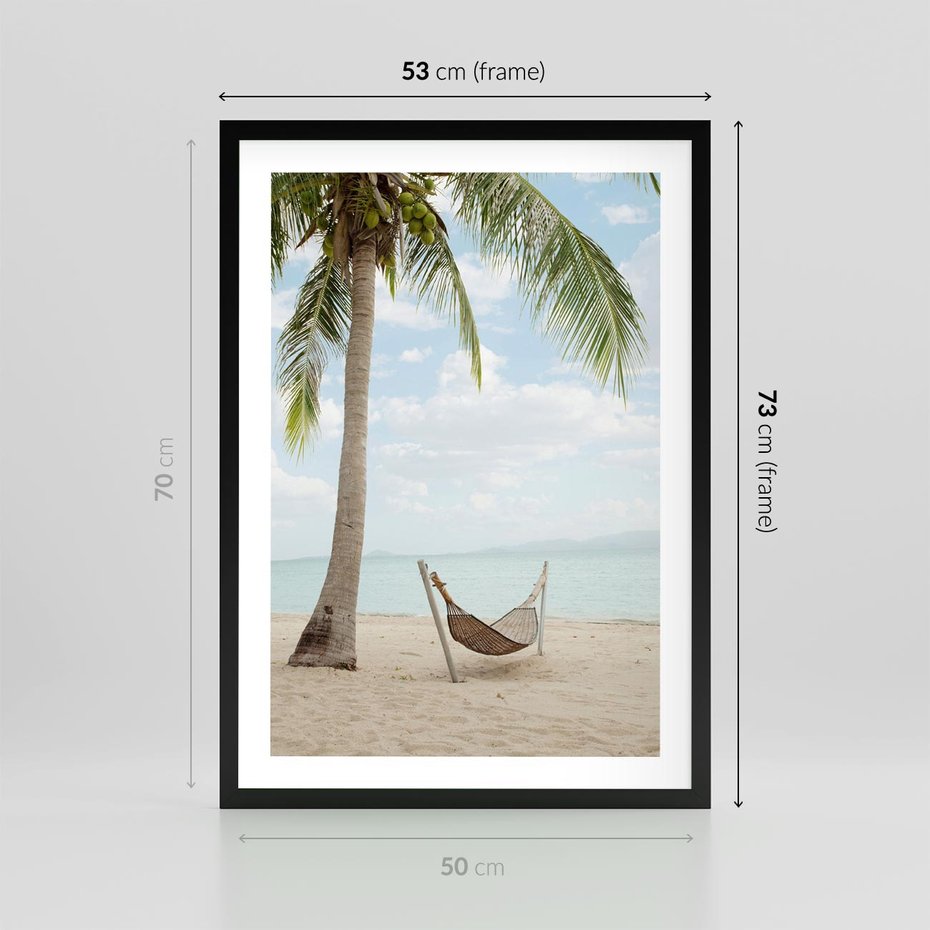 Plakat w ramie 50x70 - Relaks na plaży - palma, hamak - rama czarna