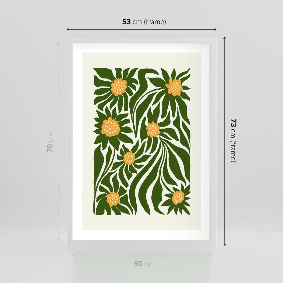 Plakat w ramie 50x70 - Spojrzenie wgłąb roślinnego świata - abstrakcyjne kwiaty, kompozycja - rama biała