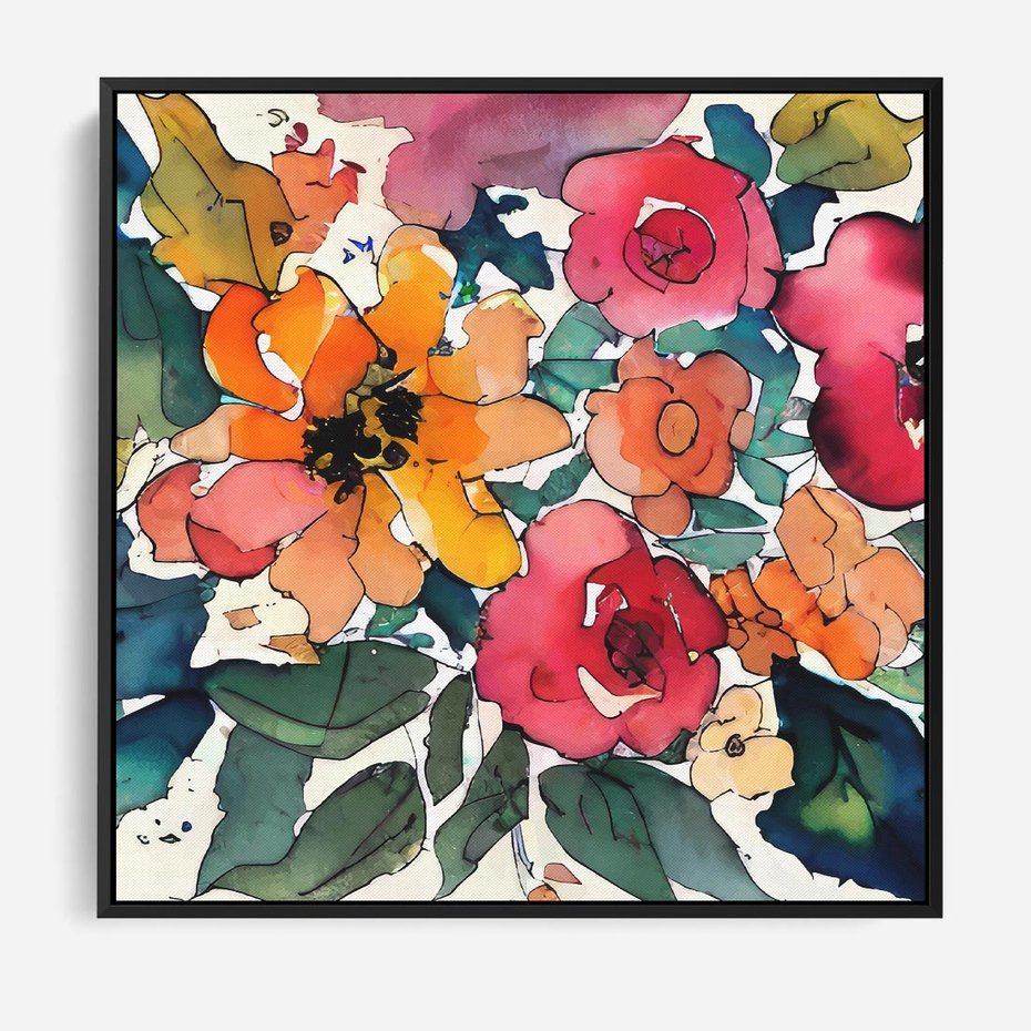 Obraz w ramie 50x50 - Kwiatowy Impuls Kolorów - abstrakcyjne kolorowe kwiaty, szkic - rama czarna