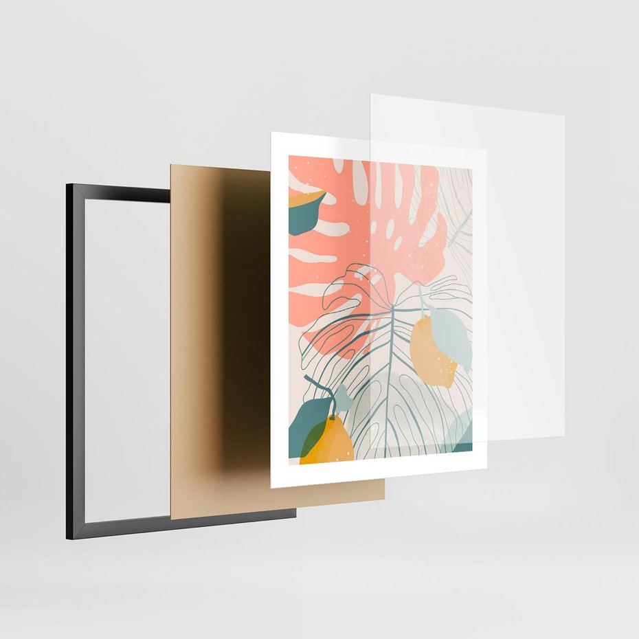 Plakat w ramie 40x50 - Sztuka Natury: Liście Monstery w Pastelach - nowoczesna grafika, pastelowe liście monstery - rama czarna