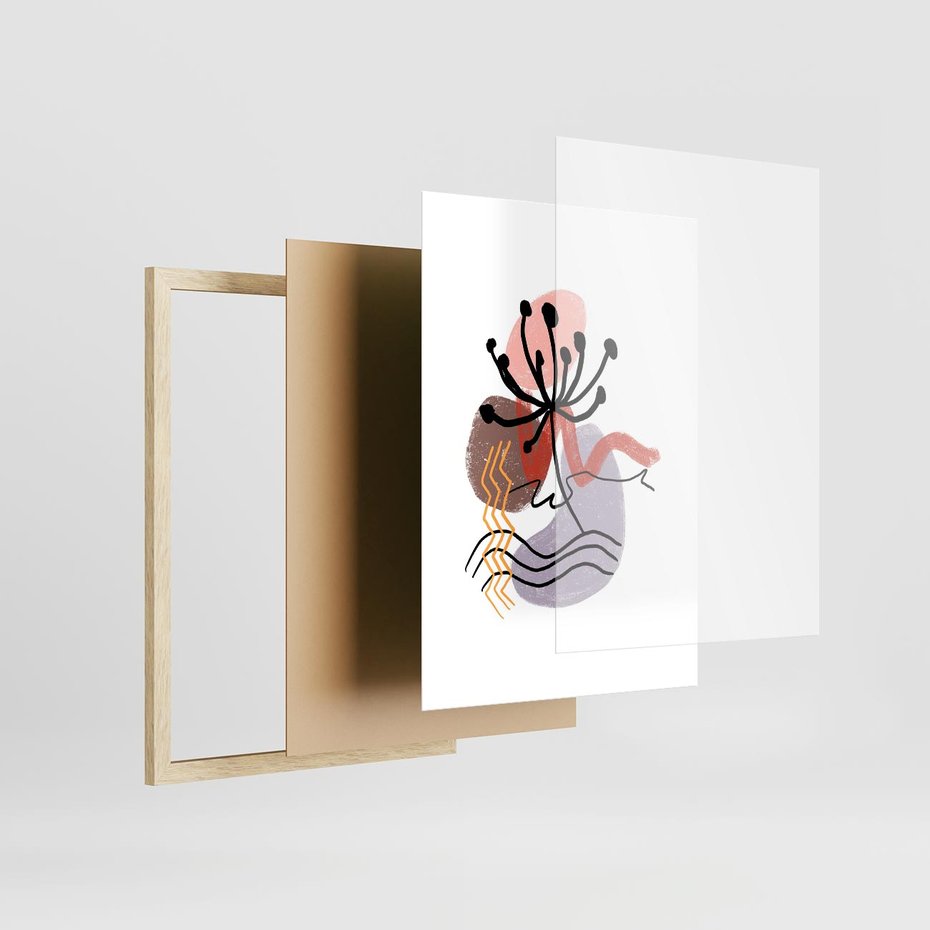 Plakat w ramie 50x70 - Migocące Odsłony - abstrakcyjna sztuka, liść dmuchawiec - rama drewno