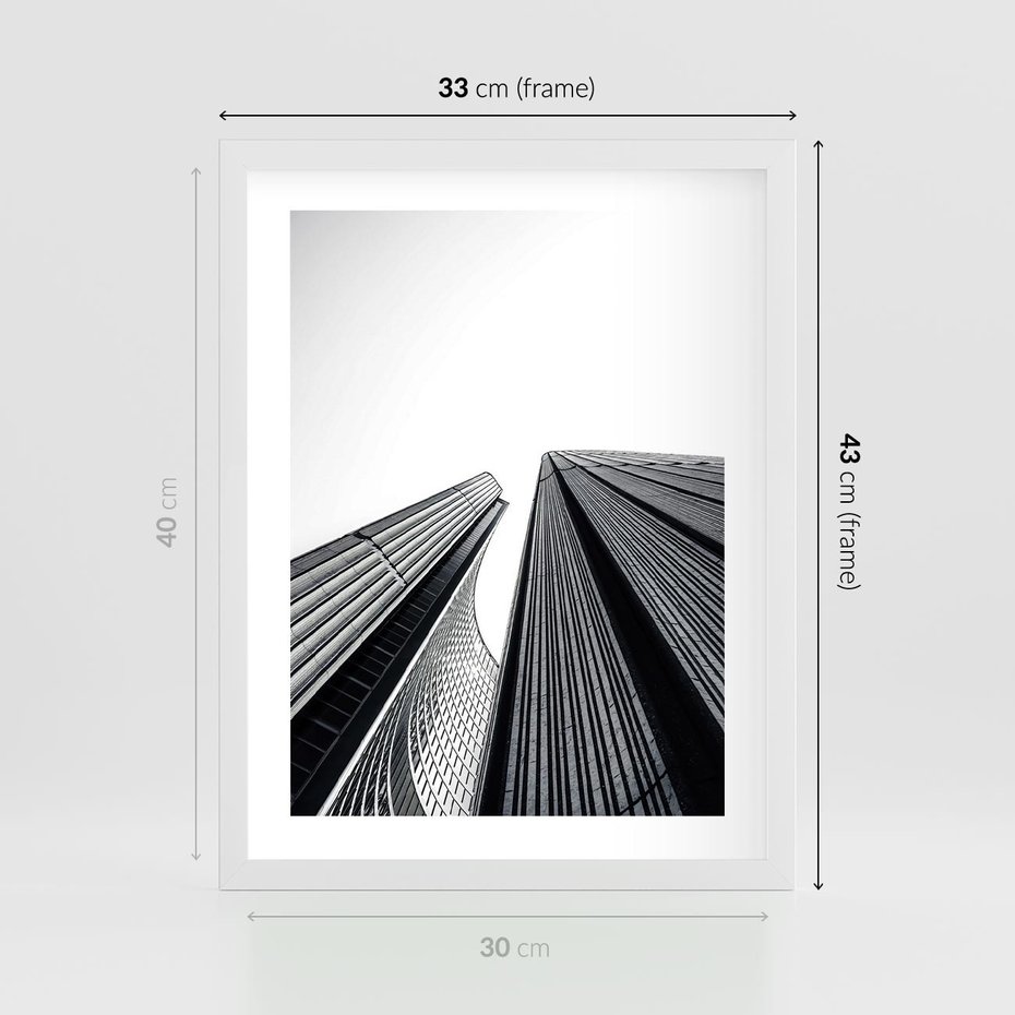 Plakat w ramie 30x40 - Monochromatyczna Wizja - architektura, wysoki wieżowiec - rama biała