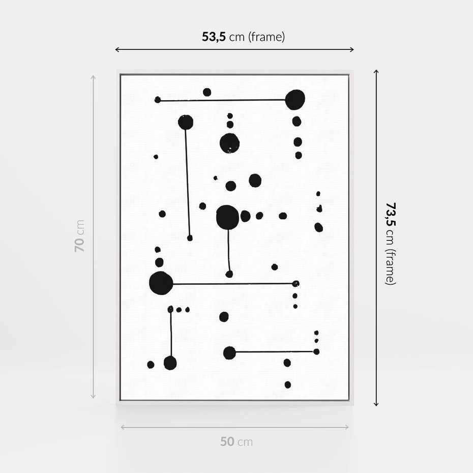 Obraz w ramie 50x70 - Nocne Zawirowania - abstrakcyjny plakat, czarne kropki i kreski - rama biała