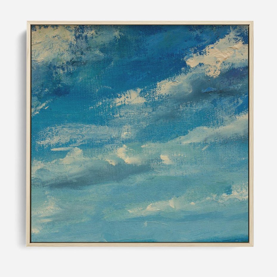 Obraz w ramie 50x50 - Oddechy niebiańskiej materii - olejny obraz, smugi farby przypominają obłoki na błękitnym niebie - rama drewno