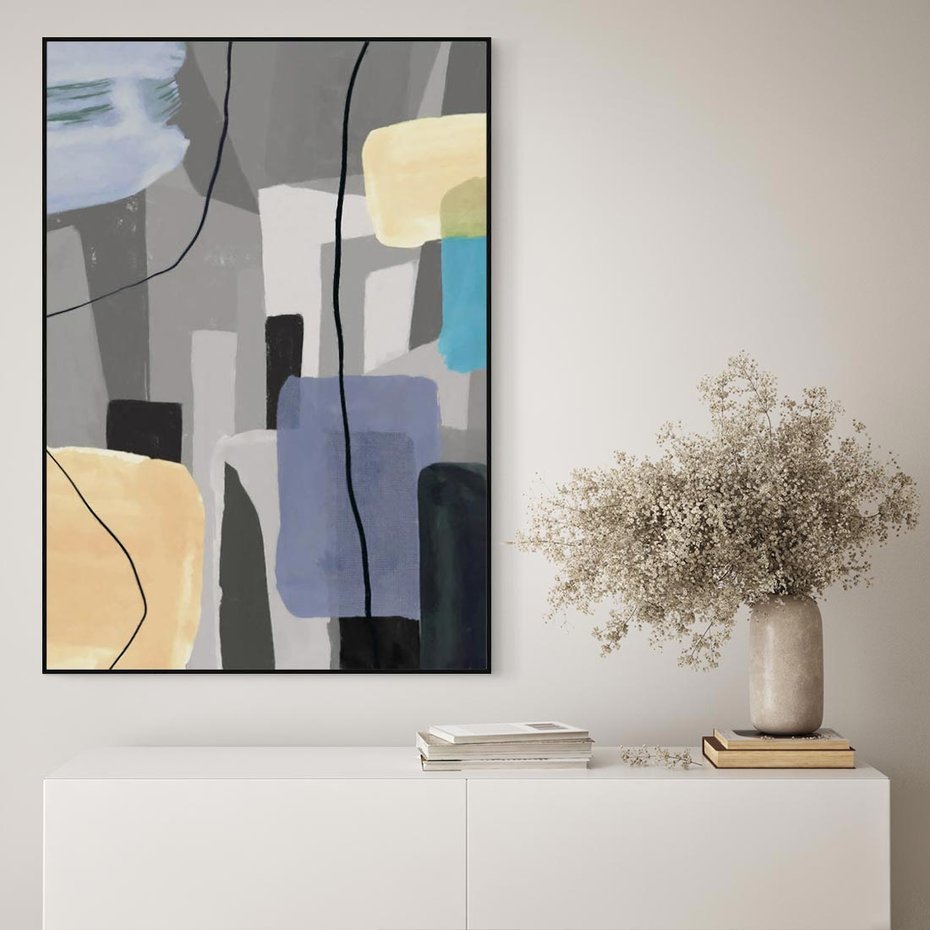 Obraz w ramie 70x100 - Harmonia w chaosie serca - abstrakcja na szarym tle, kolorowe plamy koloru - rama czarna