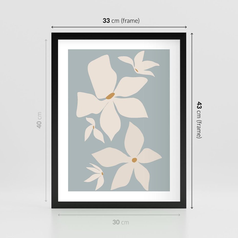 Plakat w ramie 30x40 - Błękit Kwiatów - kwiaty, nowoczesne i minimalistyczne - rama czarna