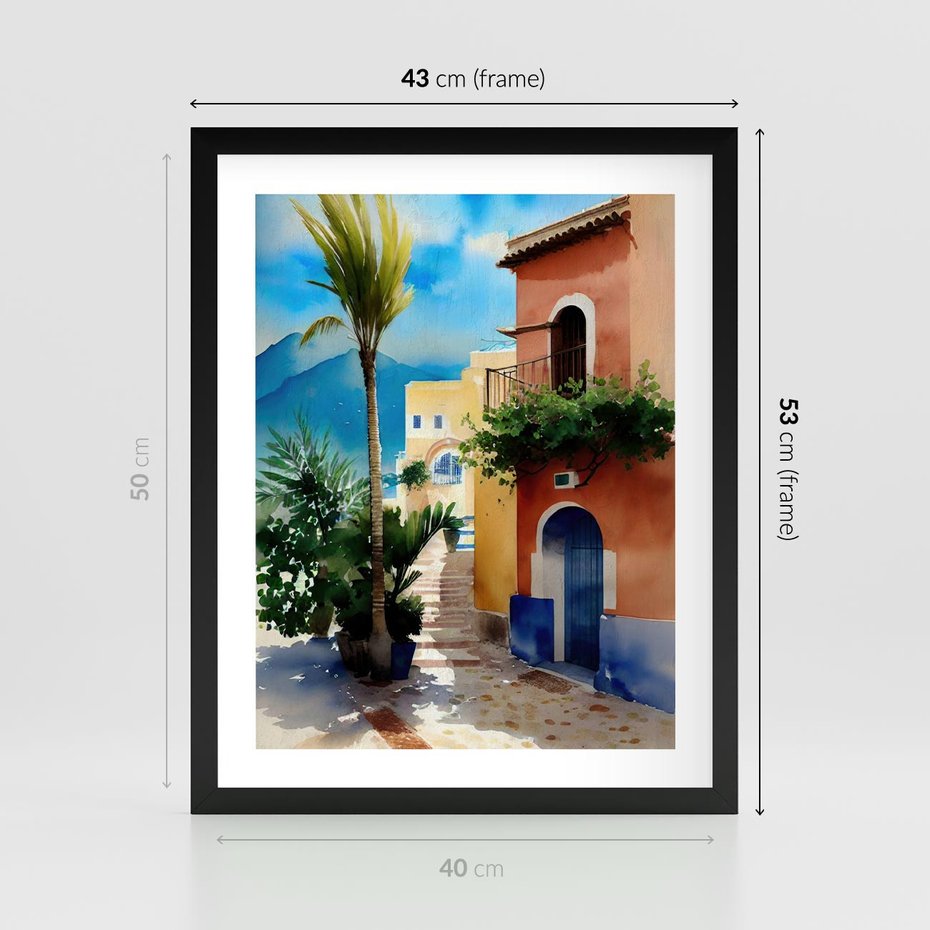 Plakat w ramie 40x50 - Spokój Miasta nad Morzem - akwarela, sródziemnomorski klimat - rama czarna
