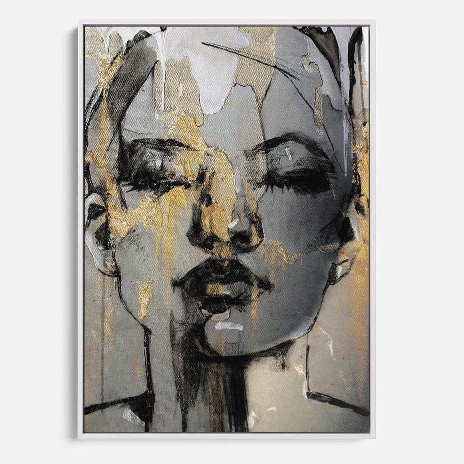 Obraz w ramie 50x70 - Kobieta - Abstrakcyjne Malowidło - złote, usta abstrakcja - rama biała