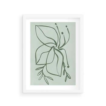 Plakat w ramie 30x40 - Energetyczne Odrodzenie Natury - abstrakcyjne delikatne zielone linie, podobne do gałęzi kwiatów - rama biała
