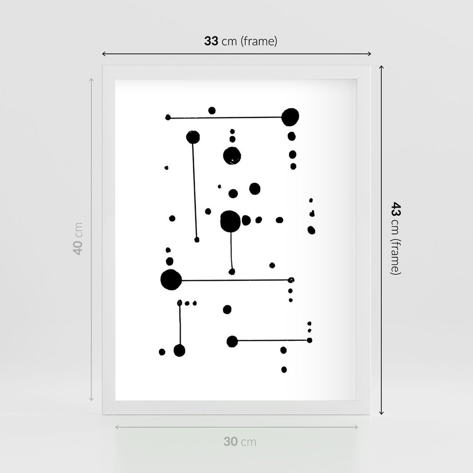 Plakat w ramie 30x40 - Nocne Zawirowania - abstrakcyjny plakat, czarne kropki i kreski - rama biała