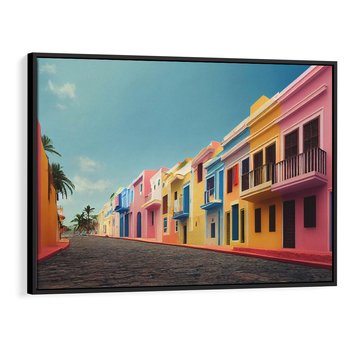 Obraz w ramie 100x70 - Ekspresja marzeń i tęsknot - pastelowe kolorowe budynki, wzdłuż ulicy - rama czarna