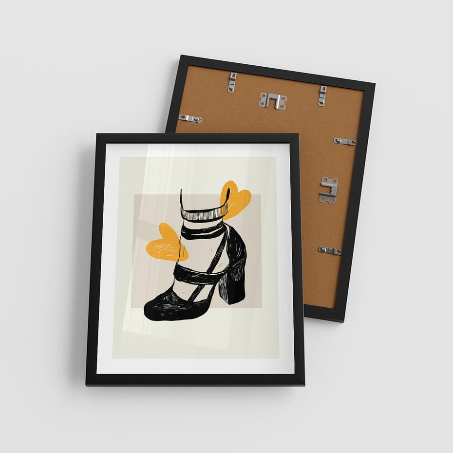 Plakat w ramie 40x50 - Elegancja w Szkicu: Stopa w Bucie na Obcasie - grafika, czarny szkic - rama czarna