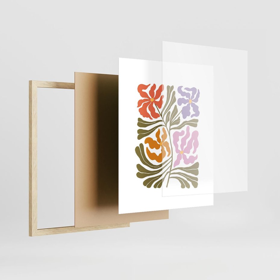 Plakat w ramie 40x50 - Rozplątane Wizje - abstrakcyjne kolorowe kwiaty, minimlizm - rama drewno