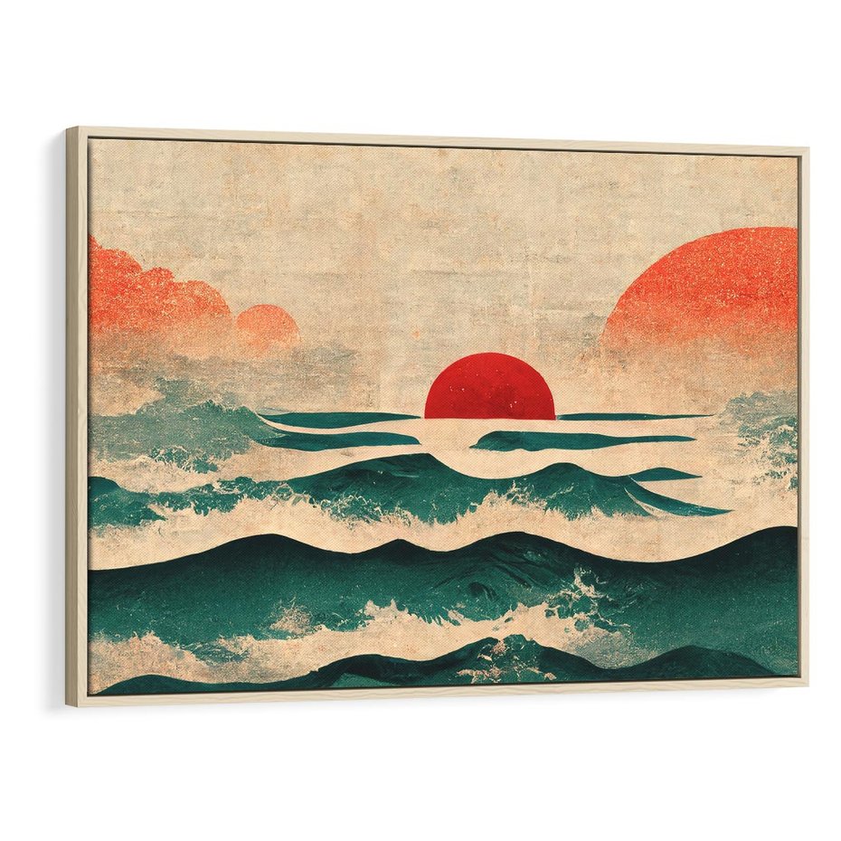 Obraz w ramie 100x70 - Czerwone Melodie - japońska sztuka, zachód słońca nad oceanem - rama drewno