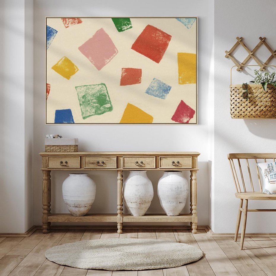 Obraz w ramie 100x70 - Tęczowe Rytmy - kolorowe tęczowe kwadraty, wesoły kolaż - rama drewno