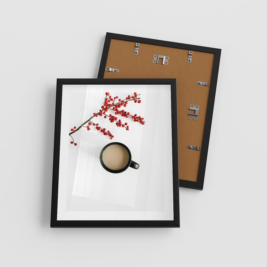 Plakat w ramie 40x50 - Filiżanka Kawy z Gałązką Jarzębiny - kawa, gałązka jarzębiny - rama czarna