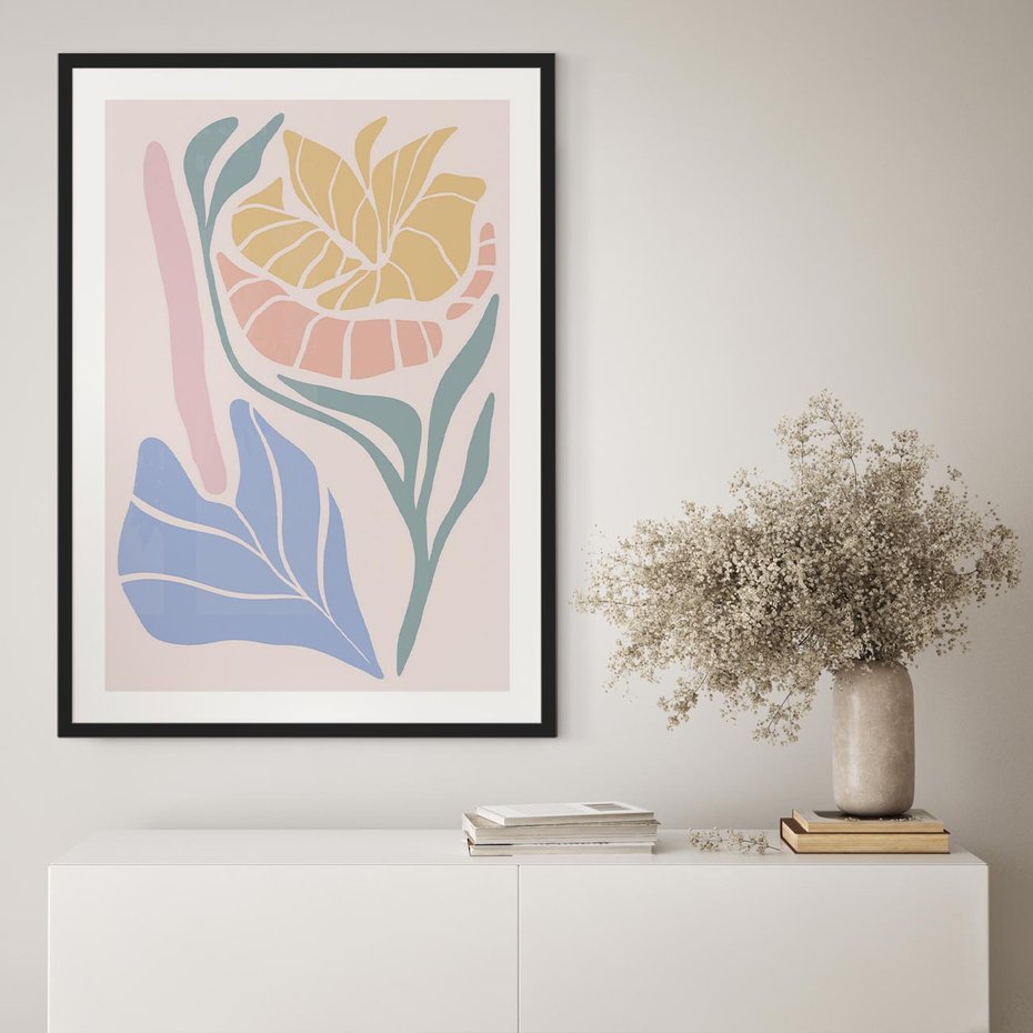 Plakat w ramie 40x50 - Kwiatowe Granice Kształtów - nowoczesny plakat, kwiaty w pastelowych kolorach - rama czarna