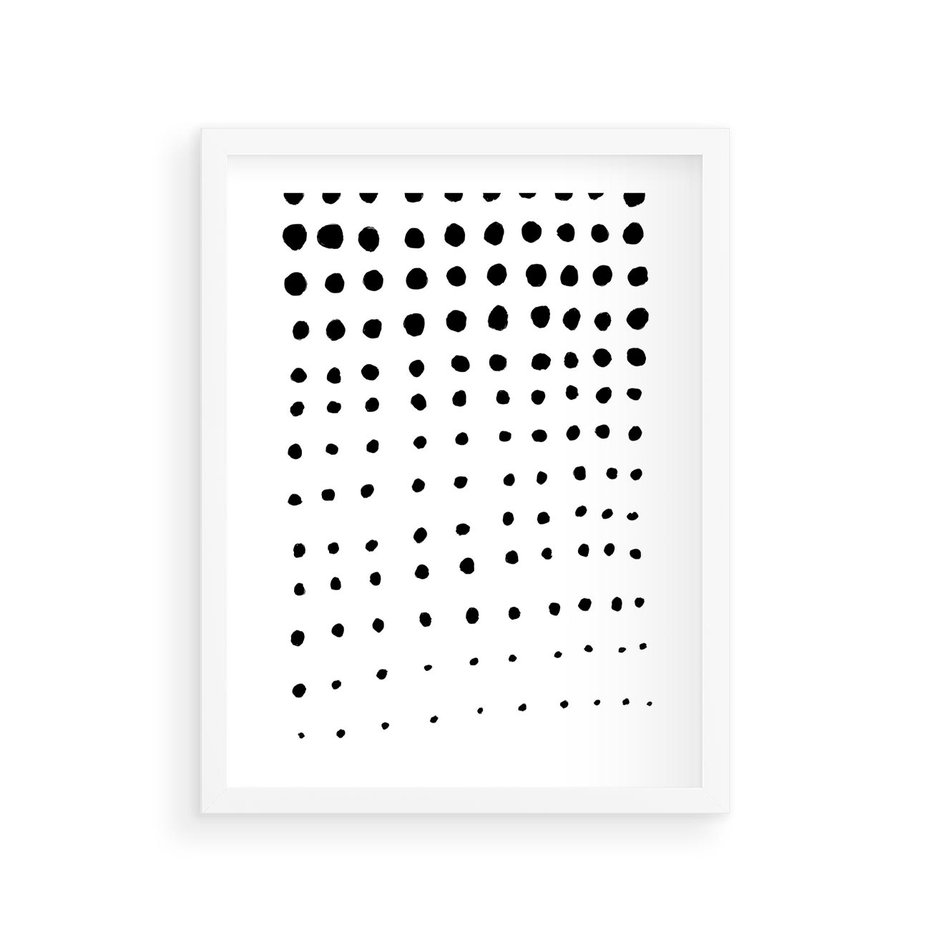 Plakat w ramie 30x40 - Abstrakcyjna Transformacja - abstrakcyjna kompozycja z czarnych kropek, minimalistyczny czarno bialy plakat - rama biała