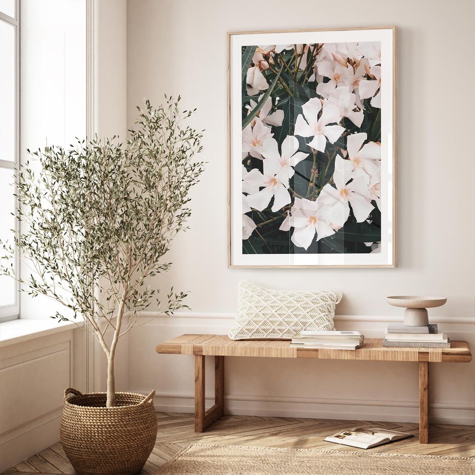 Plakat w ramie 40x50 - Egzotyczna Uroda - białe kwiaty, tropikalne kwiaty - rama drewno