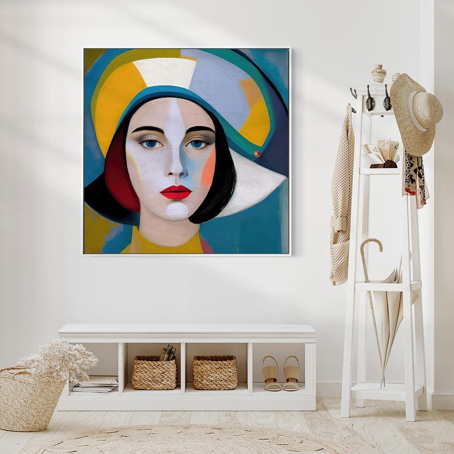 Obraz w ramie 80x80 - Kształtujące Widzenia - abstrakcyjny obraz olejny, portret twarzy kobiety - rama biała