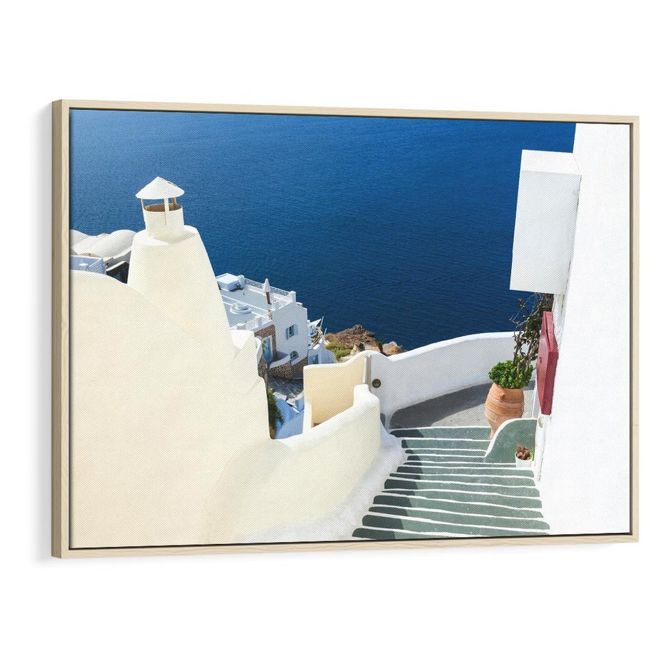 Obraz w ramie 70x50 - Malowniczy urok wyspy - Santorini, schodki - rama drewno