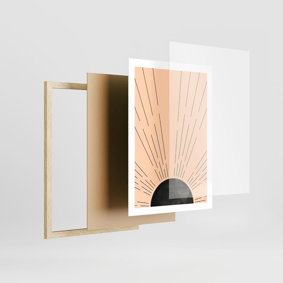 Plakat w ramie 50x70 - Migocące Kształty Promieni - boho czarne słońce, nowoczesna grafika - rama drewno