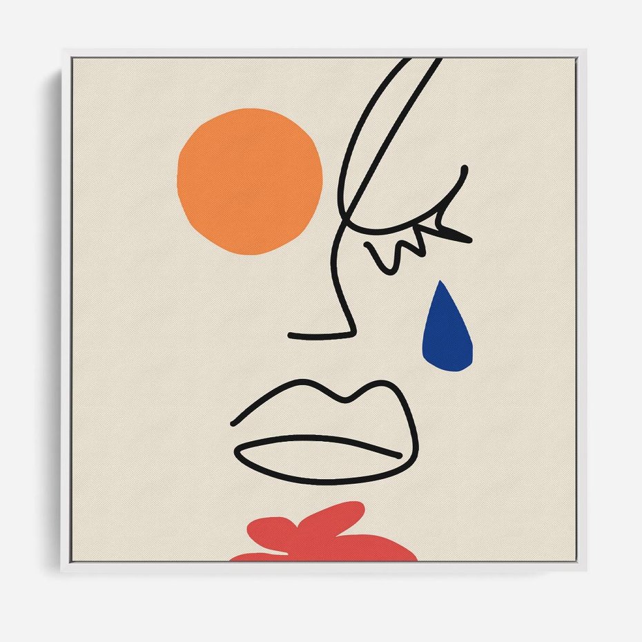 Obraz w ramie 50x50 - Impresje Plam - abstrakcyjny obraz, przypomina twarz - rama biała