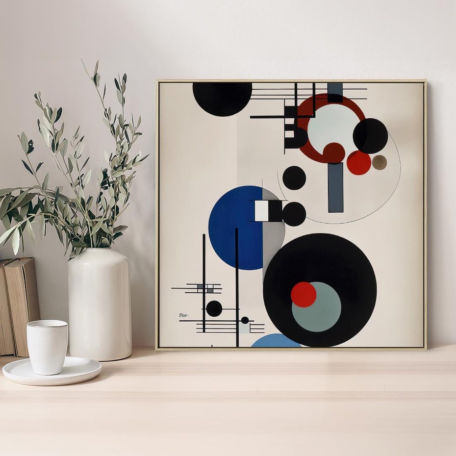 Obraz w ramie 80x80 - Rozkwitające Wibracje Wyobraźni - abstrakcyjna geometryczna kompozycja, koła linie - rama drewno