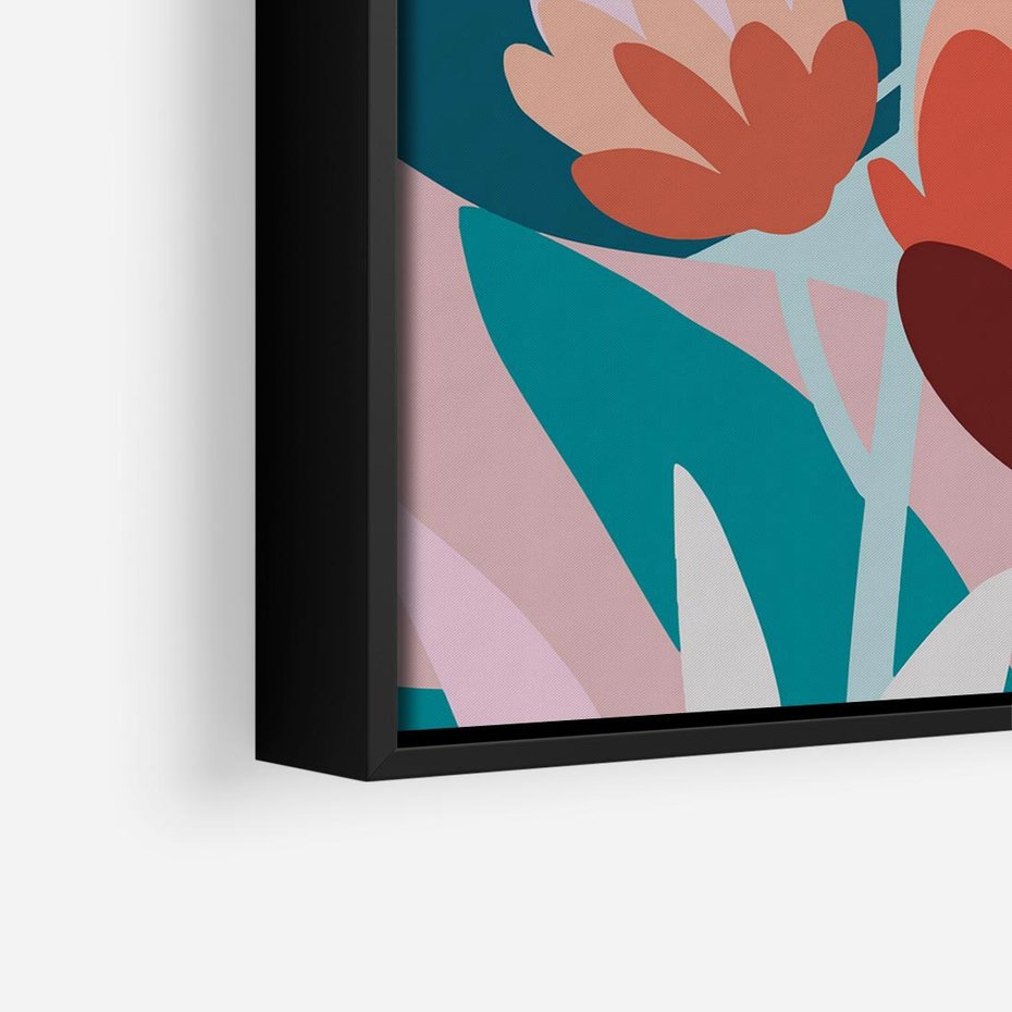 Obraz w ramie 50x50 - Symfonia Kwiatów - abstrakcyjna kompozycja kwiatowych form, kolor zgaszone - rama czarna