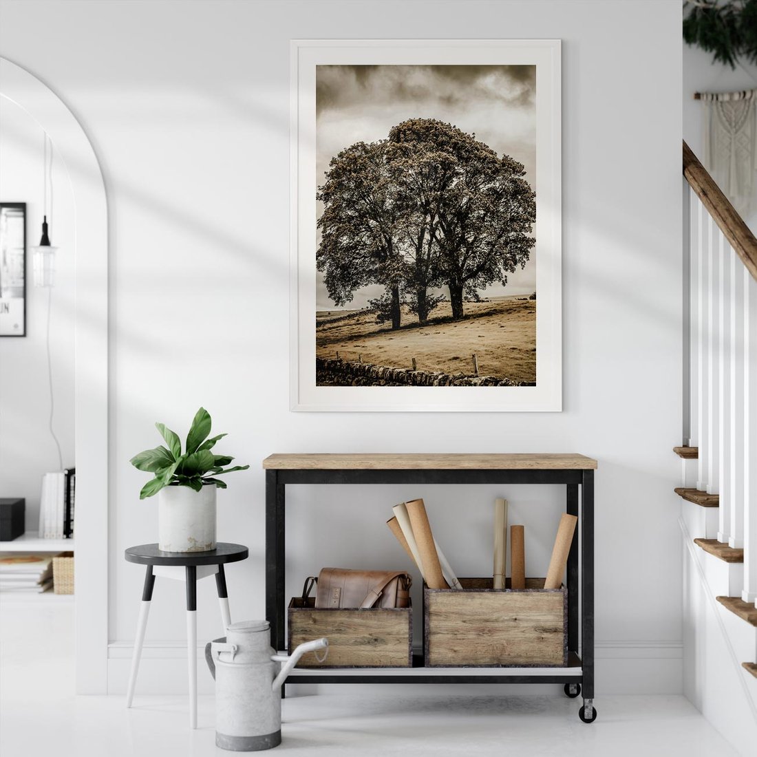 Plakat w ramie 30x40 - Spokojna Osamotniona Chwila - beżowe kolory, samotne drzewo na polu - rama biała