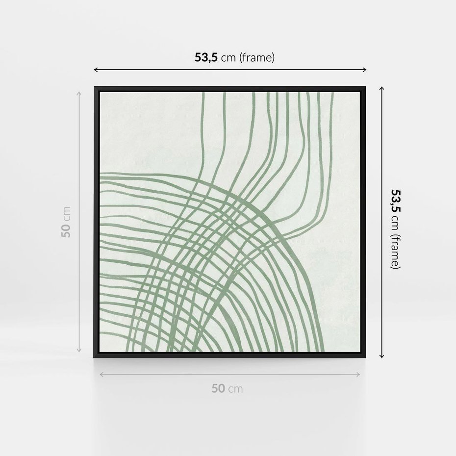 Obraz w ramie 50x50 - Migotliwa Spokojna Zieleń - zielony plakat, abstrakcyjne splątane linie - rama czarna