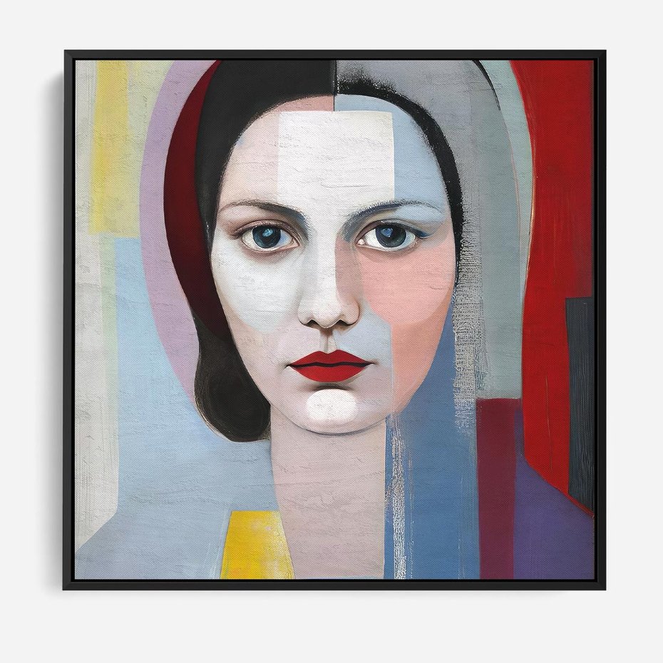 Obraz w ramie 50x50 - Kolorowe Granice Form - abstrakcyjny obraz olejny, portret twarzy kobiety - rama czarna