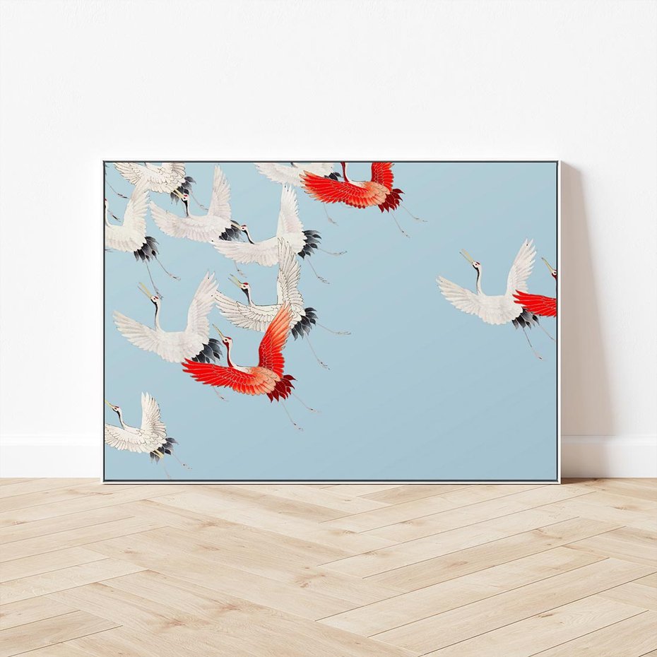 Obraz w ramie 120x80 - Eteryczne Żurawie - lecące żurawie, orientalna sztuka - rama biała