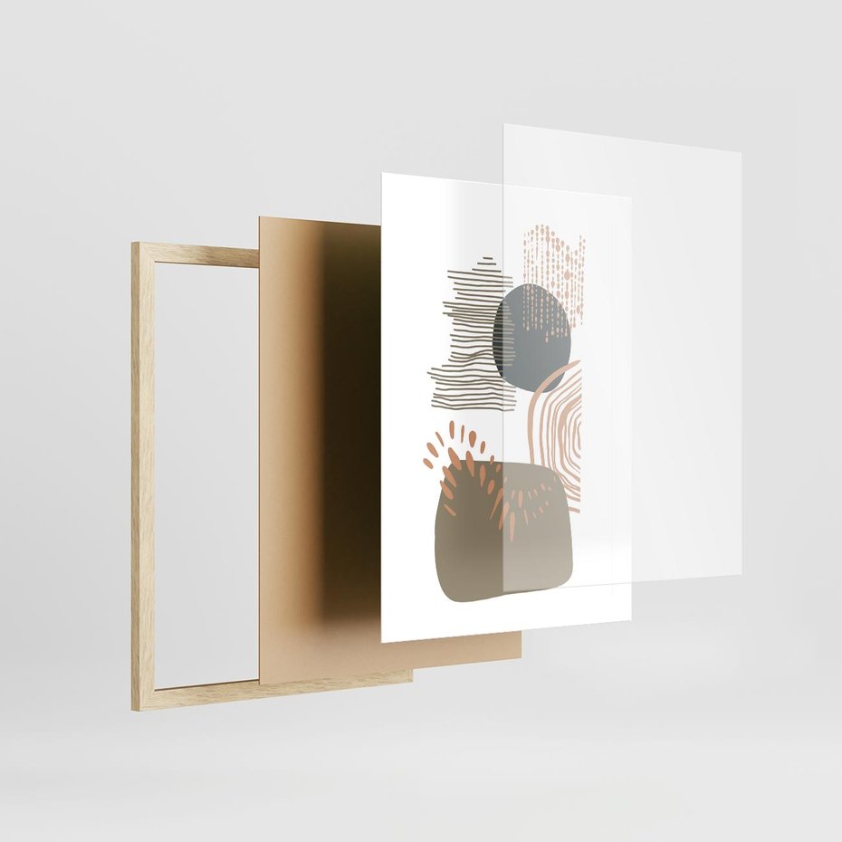 Plakat w ramie 30x40 - Taniec Plam - abstrakcyjna kompozycja z kropek kresek i kółek, odcienie brązu i beżu - rama drewno