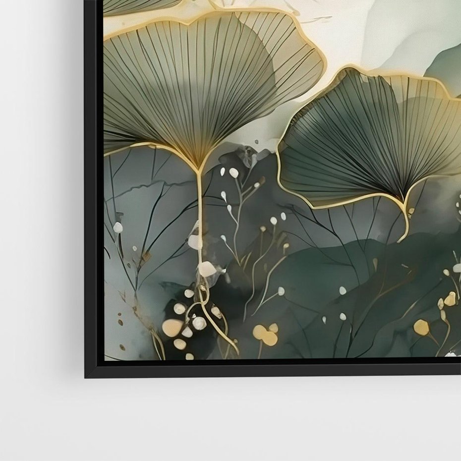 Obraz w ramie 50x50 - Natura w Złotym Odcieniu - złote elementy, liście miłorzębu japońskiego - rama czarna