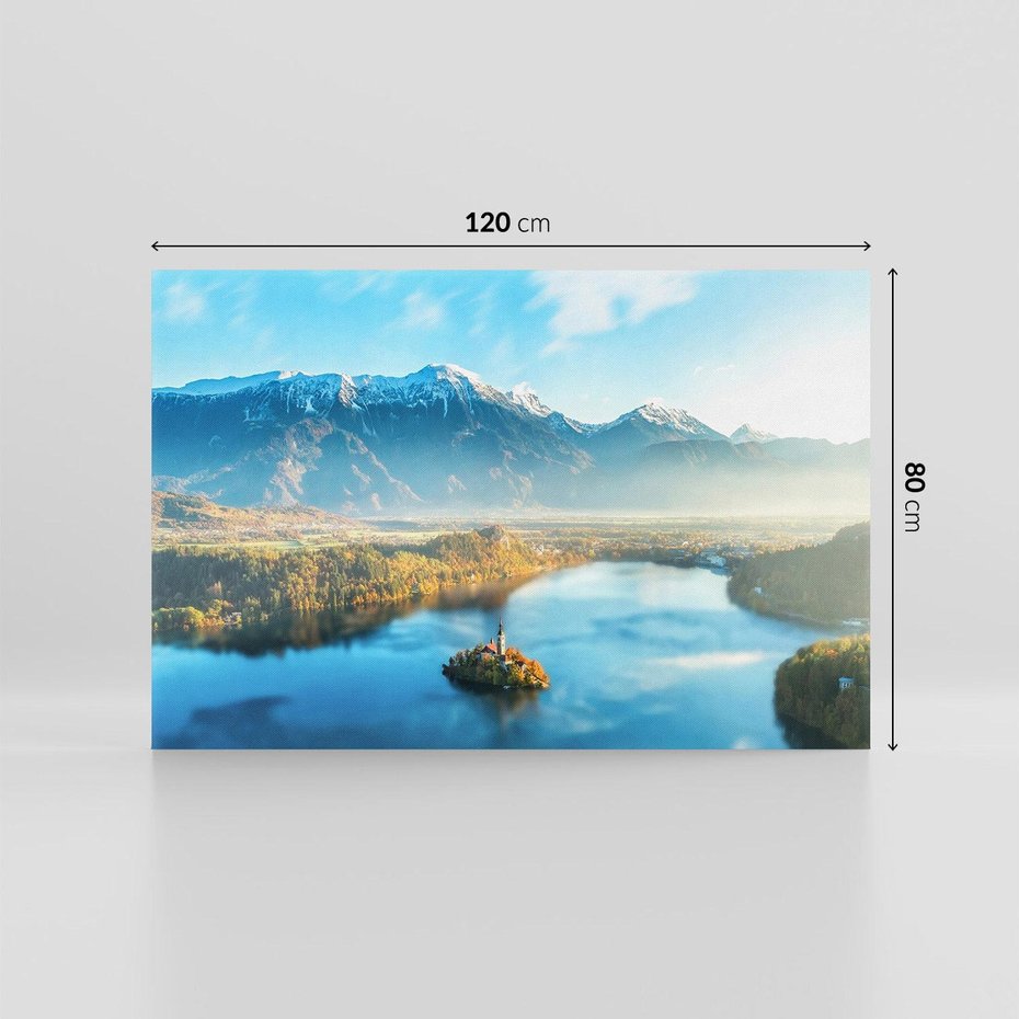 Obraz na płótnie 120x80 - Zamek pośrodku jeziora - jezioro, góry