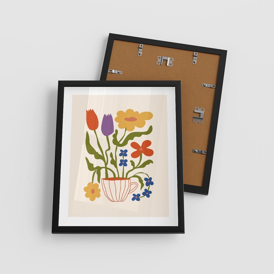 Plakat w ramie 40x50 - Kolorowe Granice - kwiaty w filizance, abstrakcja - rama czarna