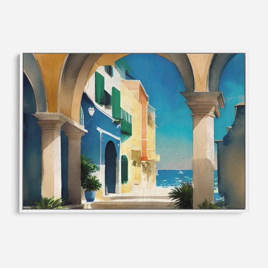 Obraz w ramie 70x50 - Nadmorskie Łuki - akwarela, śródziemnomorski klimat - rama biała