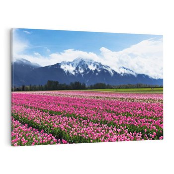 Obraz na płótnie 70x50 - Tulipany w malowniczym krajobrazie" - tulipany, krajobraz