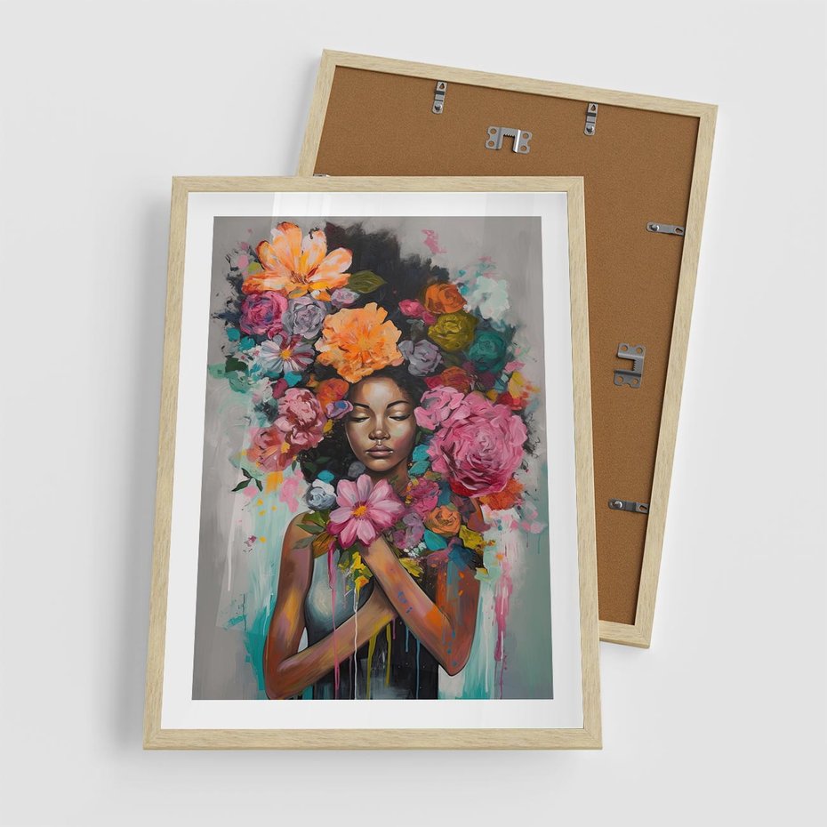 Plakat w ramie 50x70 - Z Głową w Kwiatach - obraz olejny, sztuka nowoczesna - rama drewno
