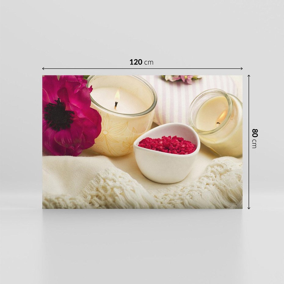 Obraz na płótnie 120x80 - Relaksujący moment: świeczki i kwiaty w SPA - świeczki, kwiat