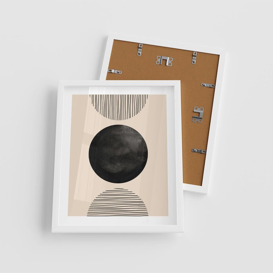Plakat w ramie 40x50 - Minimalizm w Kształtach - geometryczny graficzny obraz, czarne koło - rama biała