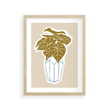 Plakat w ramie 50x70 - Bezgraniczne Marzenia - nowoczesna kompozycja, liście monstery w wazonie - rama drewno