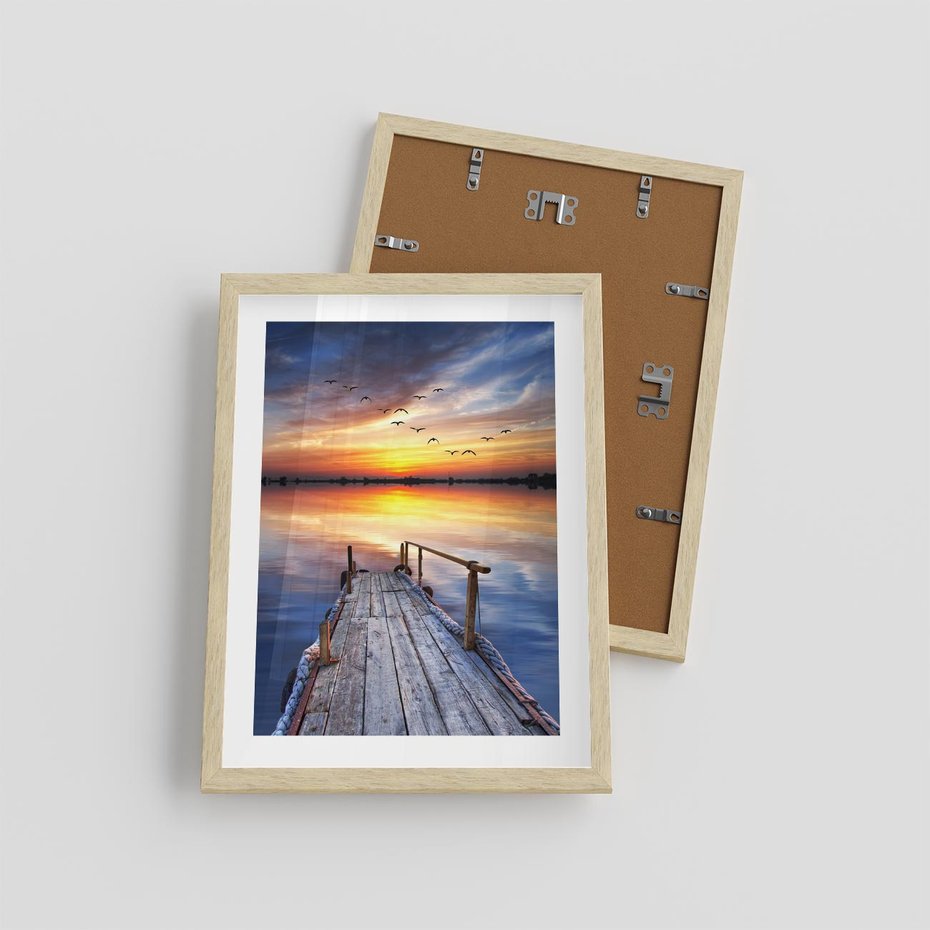 Plakat w ramie 30x40 - Zachód słońca na pomostcie - pomost, zachód - rama drewno
