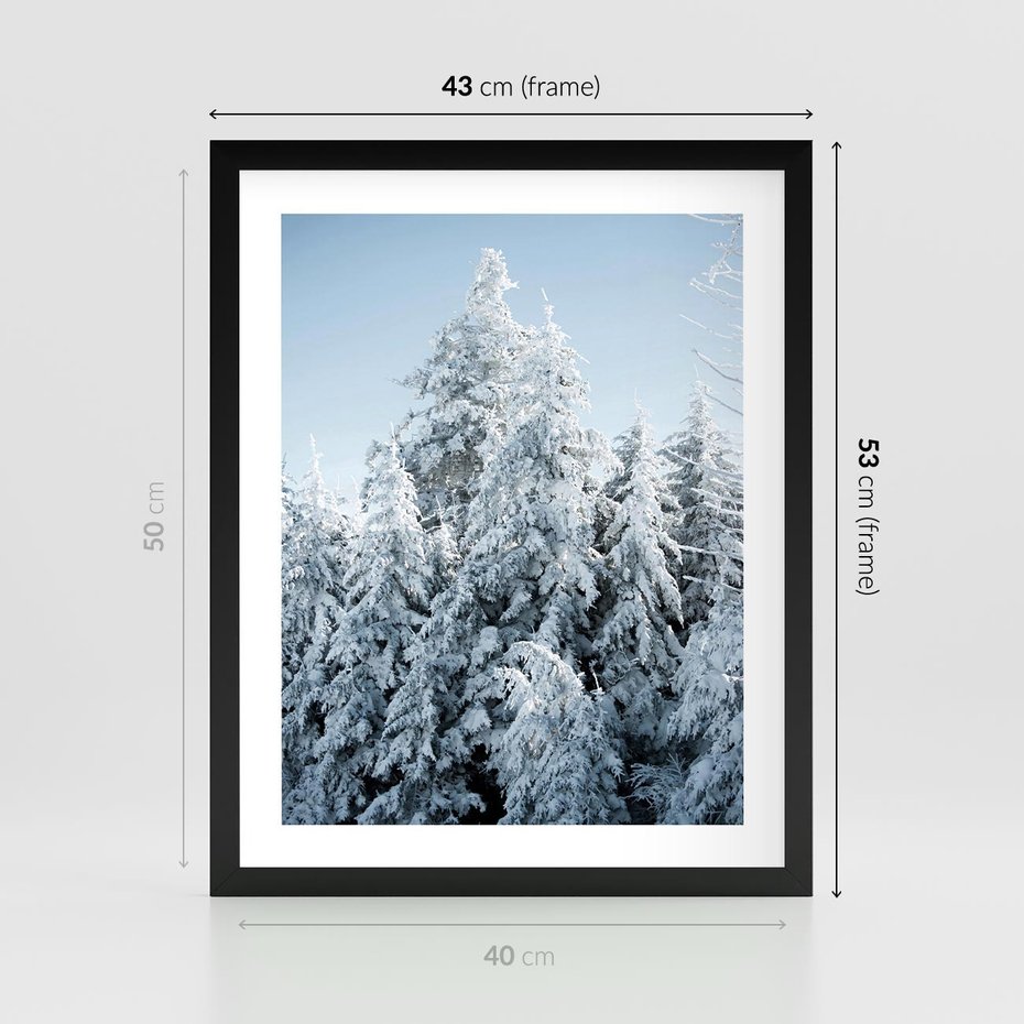 Plakat w ramie 40x50 - Magia Śnieżnych Drzew - zima, iglaste drzewa - rama czarna