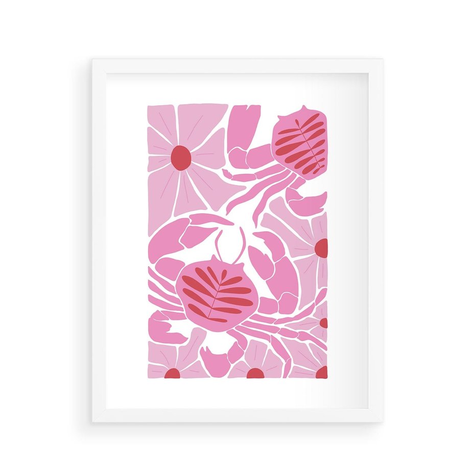 Plakat w ramie 40x50 - Roztańczone Kraby - różowe kwiaty i kraby, abstrakcyjna kompozycja - rama biała
