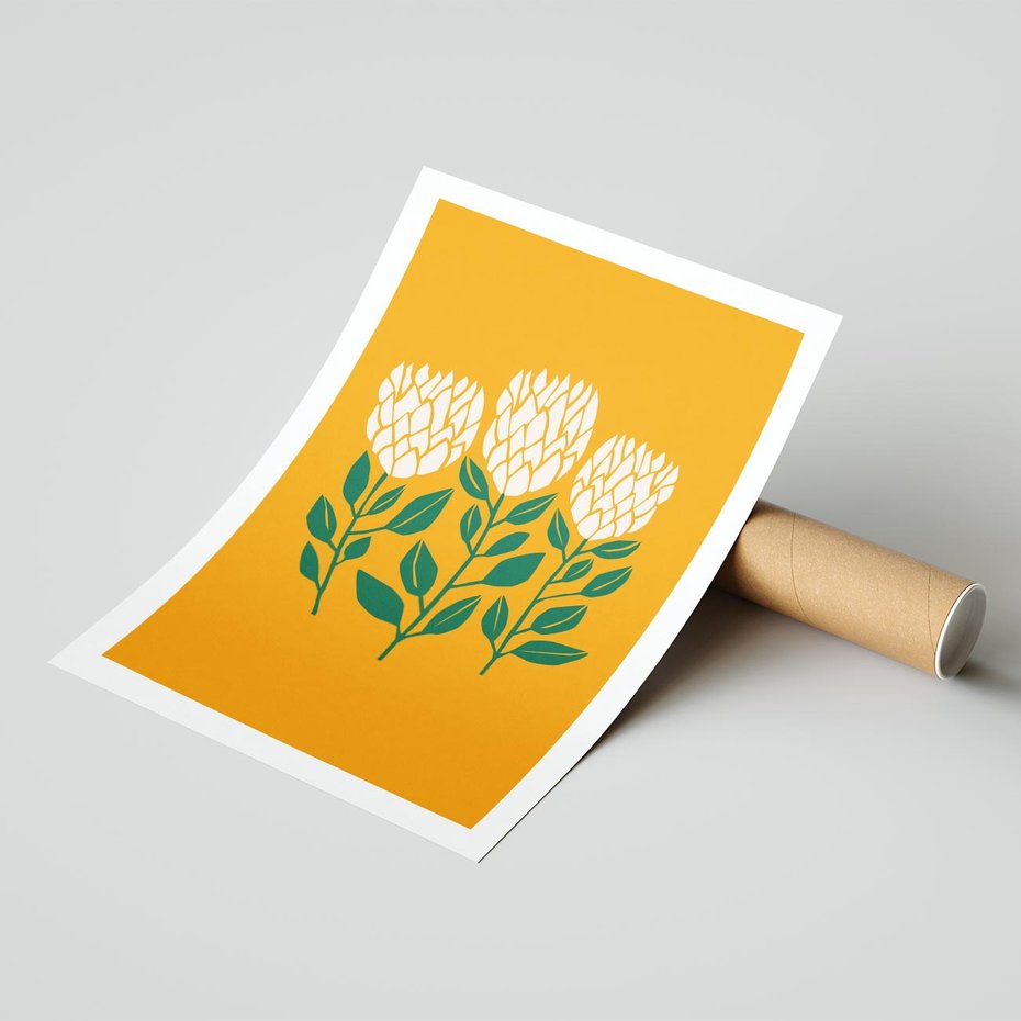 Plakat bez ramy 50x70 - Kolorowe Impresje - abstrakcyjna kwiatowa kompozycja, żółte mocne tło