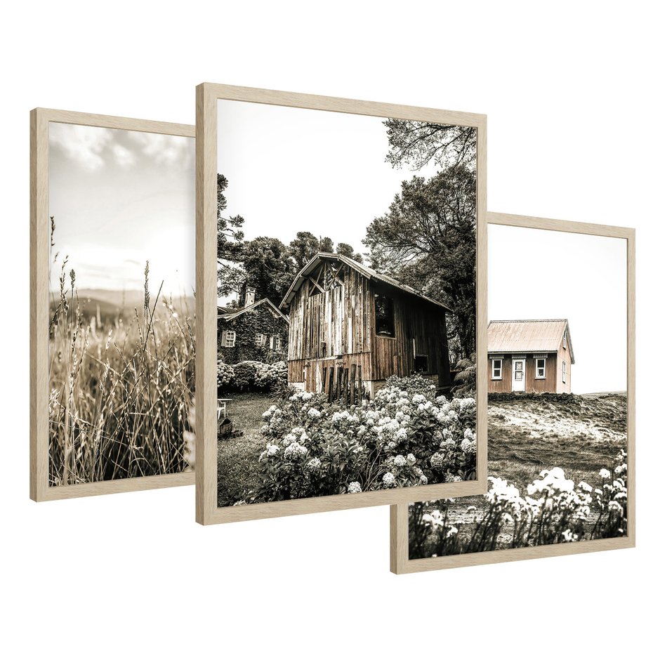 Zestaw obrazy w ramie 40x50 galeria - Domki, pola, łąki, w, sepii - rama drewno