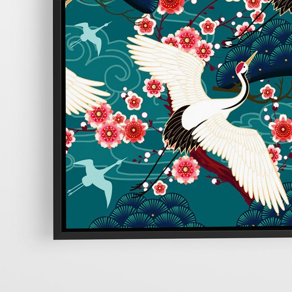 Obraz w ramie 100x70 - Żurawie Wachlarze - orientalne japońskie żurawie, grafika - rama czarna